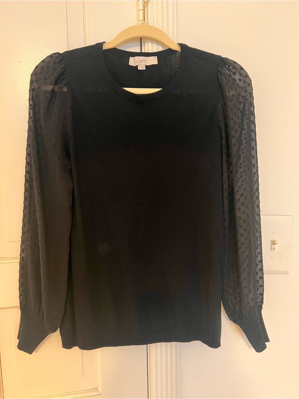 LOFT Black Long-Sleeve Top with Sheer Dotted Puff Sleeves